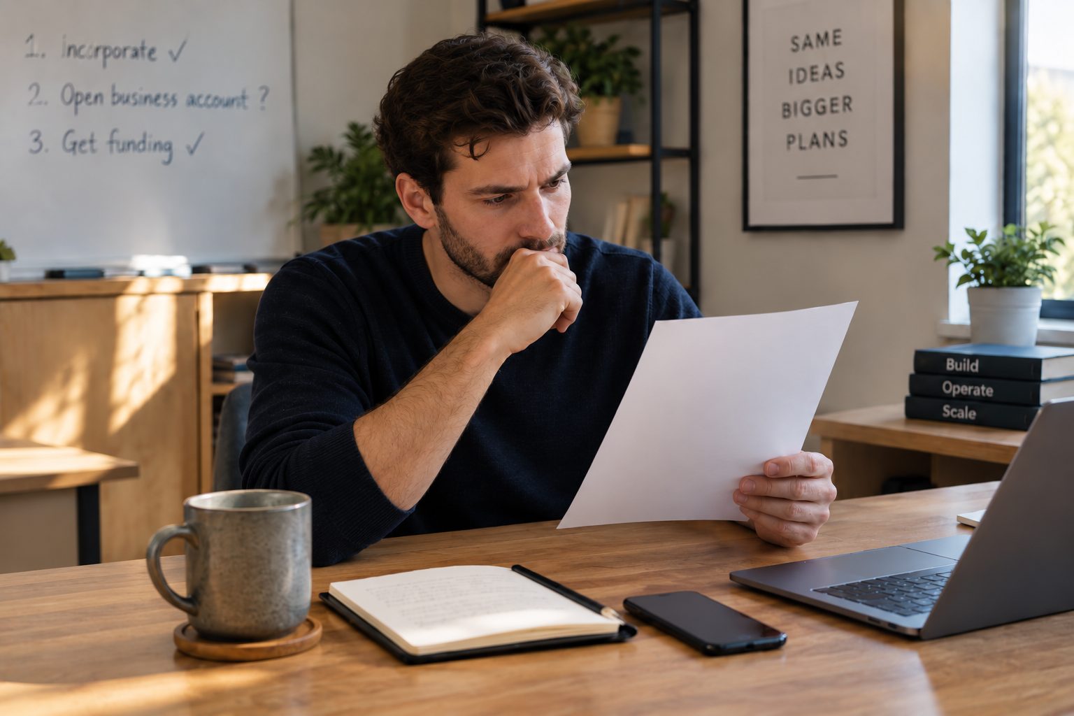Founder at a desk reading a letter, with incorporate, open business account and get funding written on a whiteboard behind him
