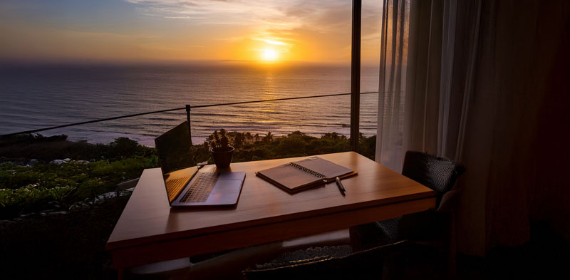 Workspace with sea view at sunset